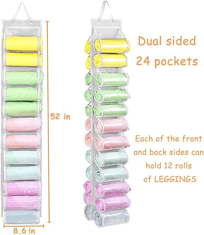 Legging Storage Bag Hanger - Can Hold 24 Leggings, Shirts or Jeans - Foldable Clothes Organizer, Portable Closet Roll Holder (White)
