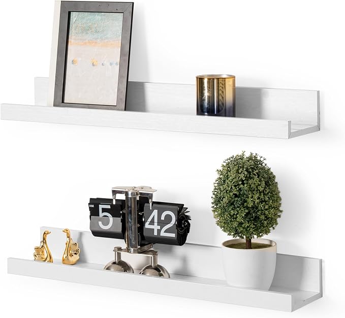 Muzilife 24" Small Floating Wall Ledge Shelves with Lip - Set of 2 Wood Floating Shelves - White Wall Mounted Picture Ledge for Office, Bathroom, Bedroom, Living Room, Kitchen