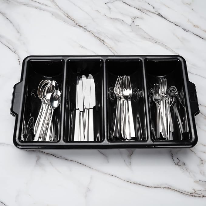 Restaurantware-21.9 x 14.2 x 3.5 Inch Silverware Organizer, 1 Crack-Resistant Cutlery Tray - 4 Compartments, Built-In Handles, Black Plastic Utensils Drawer Holder, For Kitchen Organization