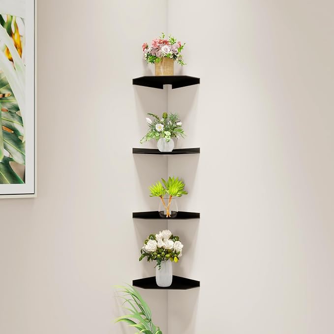 Corner Shelf Wall Mounted, Black Corner Shelf, Shower Shelf, Floating Corner Shelf – 3mm Aluminum Matte, for Bathroom Kitchen Living Room, 6 Inch Holds Phone, Plants, Speaker