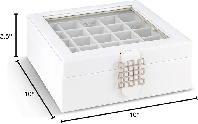 Glenor Co Earring Organizer - Classic 50 Section Jewelry Box/Case/Holder for Earrings, Rings, Necklaces, Jewelry, Cufflinks or Collections -2 Layer Small Compartments with Large Glass Top - White