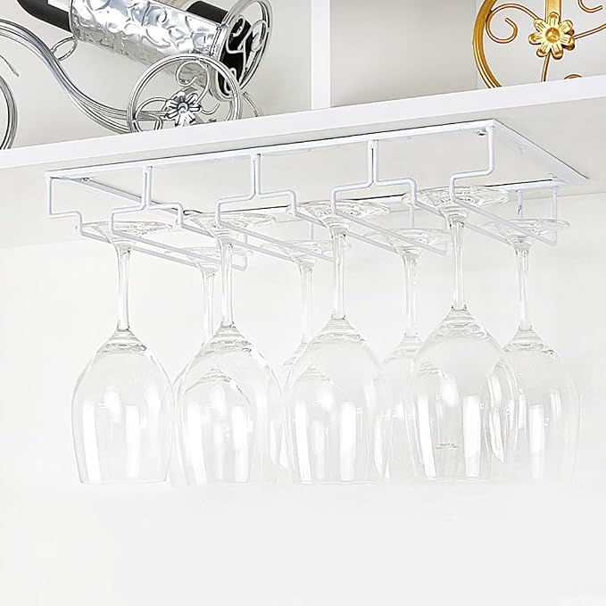 FOMANSH Wine Glass Rack - Under Cabinet Stemware Wine Glass Holder Glasses Storage Hanger 2 Pack Metal Organizer for Bar Kitchen 4 Rows White