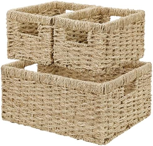Vagusicc Wicker Basket, Set of 3 Hand-woven Storage Baskets for Organizing, Seagrass Wicker Storage Basket Bins with Han