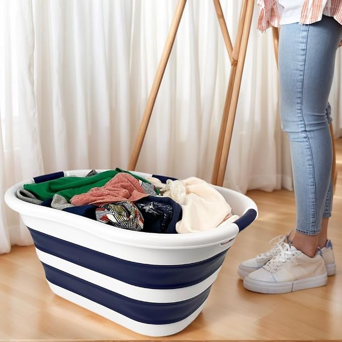 SAMMART 40L (10.5 gallon) Collapsible Plastic Laundry Hamper - Foldable Pop Up Storage Container/Organizer - Portable Washing Tub - Space Saving Basket (1, White/Starry Blue)