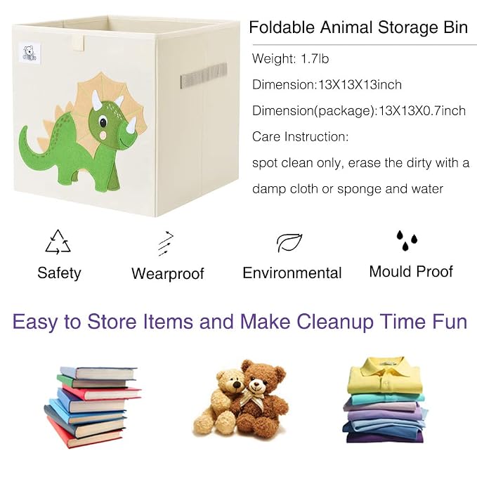 Foldable Animal Cube Storage Bins Fabric Toy Box/Chest/Organizer for Toddler/Kids Nursery, Playroom, 13 inch (Triceratops)