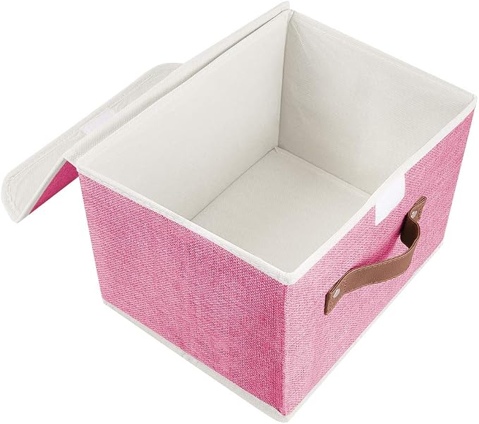 2Pack Storage Bins Boxes with Lids 15"x10"x10" Decorative Storage Baskets | Cotton Linen Fabric, Collapsible, Faux Leather Handles, Storage Cubes, Closet Shelf Clothes Organizer Container, Pink