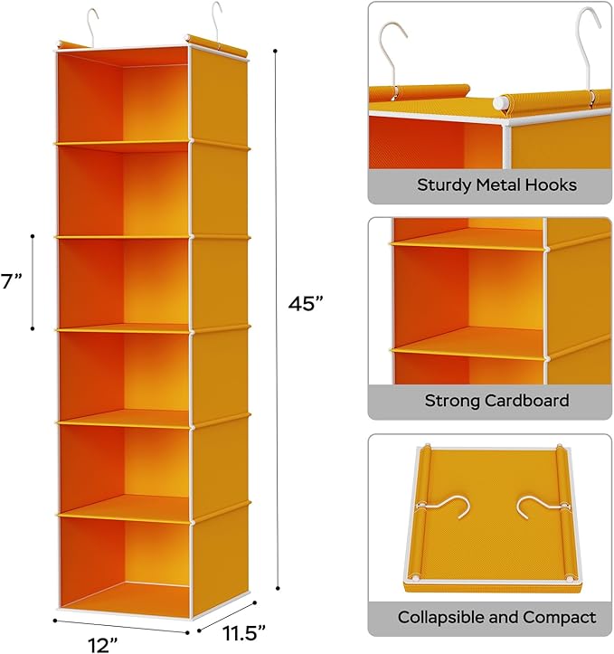 MAX Houser 6-Shelf Hanging Closet Organizer, Hanging Storage Shelves with 2 Sturdy Hooks Space-Saving for Bedroom, Foldable (Yellow)