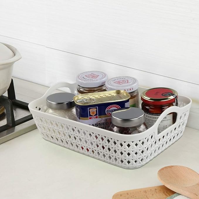 White Small Shallow Plastic Storage Tray with Handle, 6-Pack | Carry Handles, Durable Plastic Construction, Shallow Storage Tray, Multi-Purpose Basket, for Home Kitchen Bathroom
