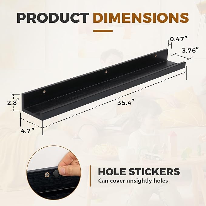 Muzilife 35.4" Large Floating Shelves Wood Wall Shelf with Lip, 2Pcs, Black | FSC-Certified Wood | 20 lbs Capacity | Space-Saving | Hanging Shelf | Wall Decor| Bedroom,Living Room,Bathroom,Kitchen,Office