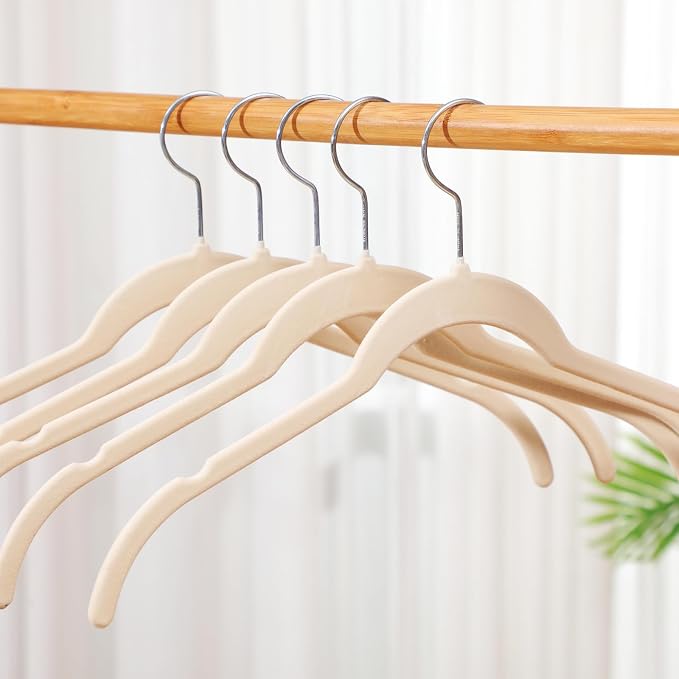 DoubleFill 50 Pack Velvet Hangers Non-Slip Shirt Clothes Hangers 360° Swivel Hook Slim Flocked Coat Hanger Heavy Duty Space Saving Felt Hanger for Women Men Pants Jackets Dress(Ivory White)