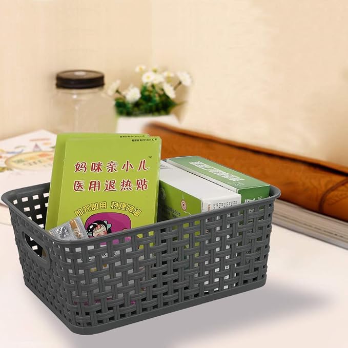 4-Pack Small Storage Baskets, Woven Plastic Basket, Gray | 10" x 7.7" x 4", Home Organization, Space - Saving Storage, Stylish Design, Organizer Baskets for Cabinet, Closet, Office