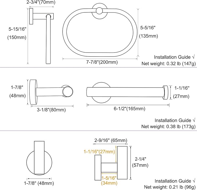 Bathroom Hardware Set 4-Piece Matte Black, Angle Simple Stainless Steel Bathroom Accessories with Towel Hook x 2, Toilet Paper Holder and Rotary Towel Ring, Wall Mount