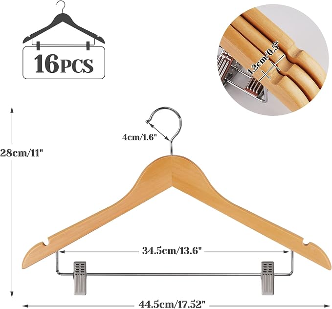 HOUSM 16Pack Wooden Skirt Hangers with Clips, Solid Wood Pants Hangers, Natural, Smooth Finish, High-Grade Selected Wood, Sturdy Metal Clips for Blouse, Dress, Coat, Jacket