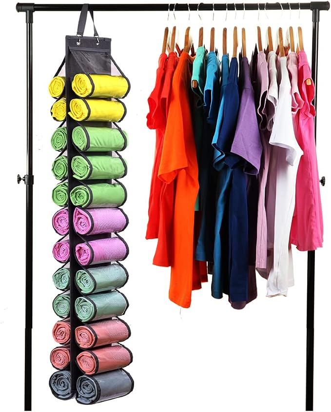Legging Storage Bag Storage Hanger Can Holds 24 Leggings or Shirts Jeans Compartment Storage Hanger, Foldable Leggings Organizer Clothes Portable Closets Roll Holder (Grey-2)