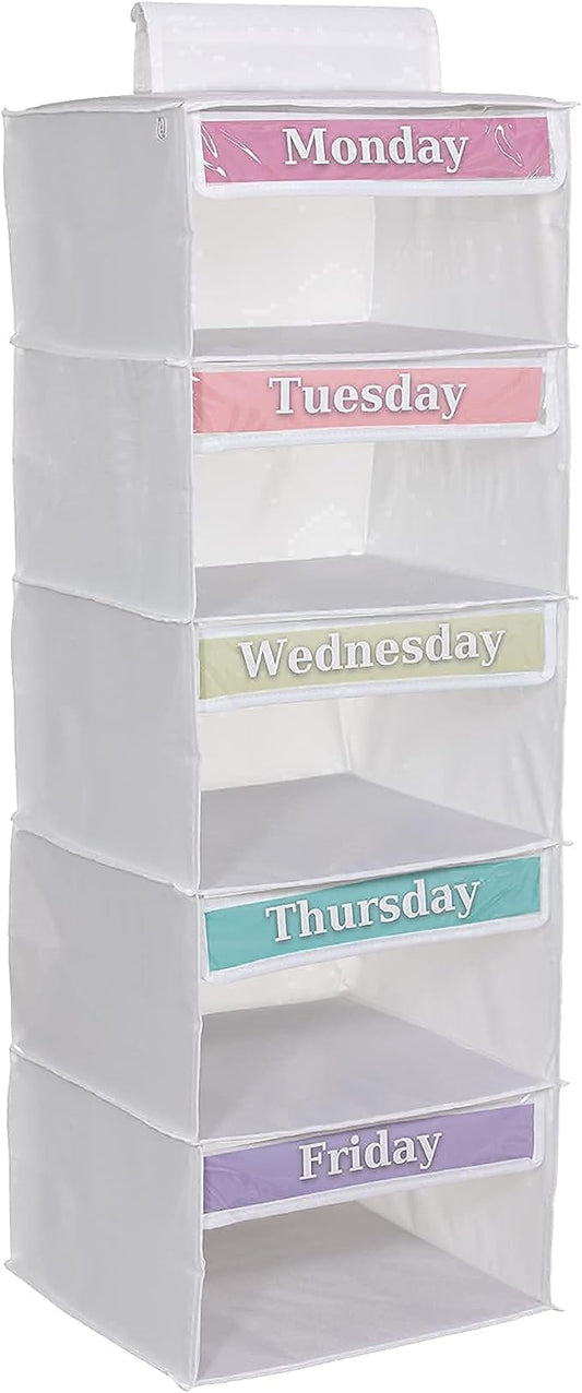 Three Sweet Peas Co Monday through Friday Hanging Weekly Clothes Organizer for Kids