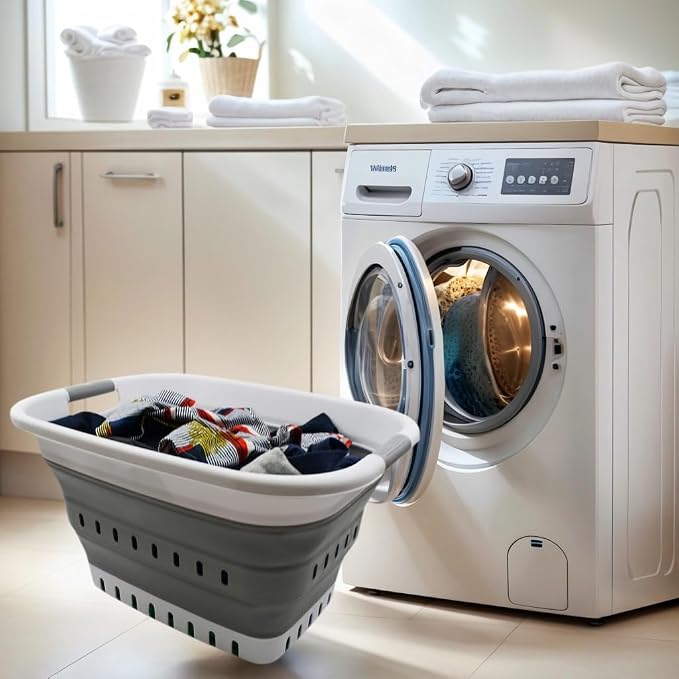 SAMMART 37L (9.77 gallon) Collapsible Plastic Laundry Basket - Foldable Pop Up Storage Container/Organizer - Space Saving Hamper/Basket (1, White/Grey)