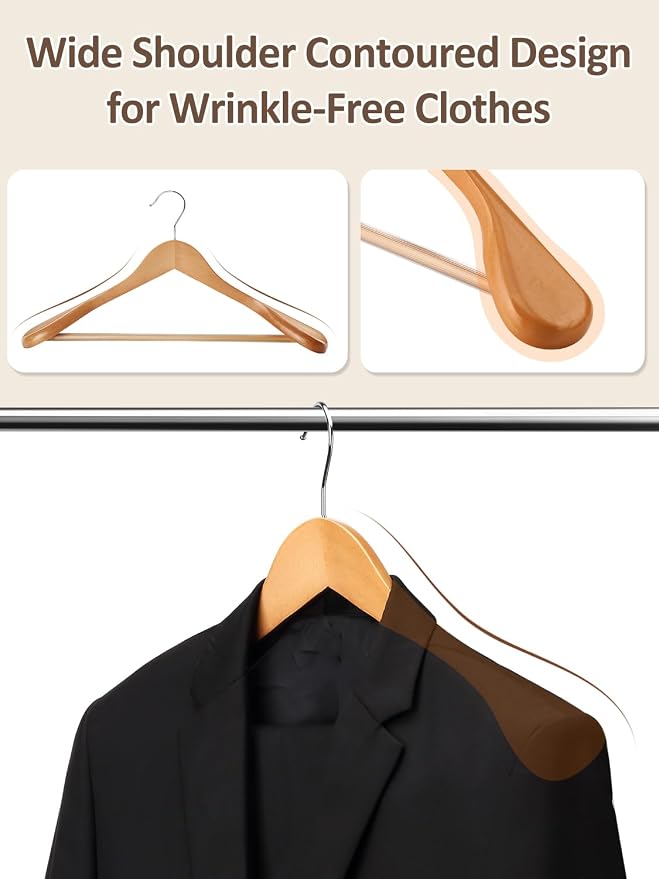 AMKUFO Wide Shoulder Wooden Hangers 8 Pack Coat Hanger with Non Slip Pants Bar, Heavy Duty Suit Hanger Wood Clothes Hangers with Smooth Finish 360° Swivel Hook for Sweater Jackets Shirts Natural