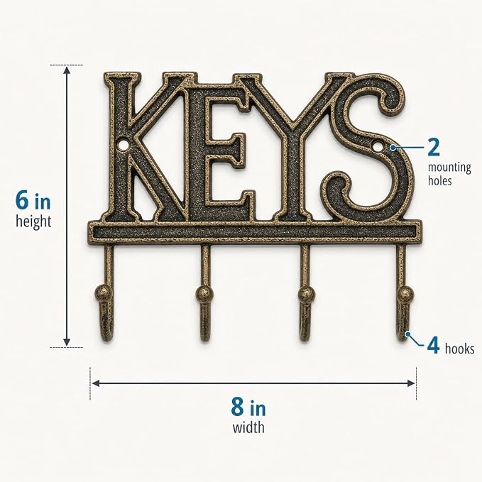 Comfify Gold-Black Cast Iron Key Holder for Wall – Keys Sign with 4 Hooks | Warm gold with black antique finish; mounting hardware included; entryway, hallway or door; 6"H x 8"L; holds 8 keychains