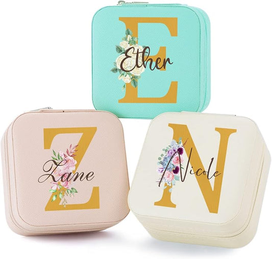 Bridesmaid Gifts Jewelry Box Personalized Small Jewelry Travel Case Custom PU Leather Portable Bridesmaid Proposal Boxes Mini Jewellery Organizer Storage Earrings Rings Necklaces for Women Girls-Pink
