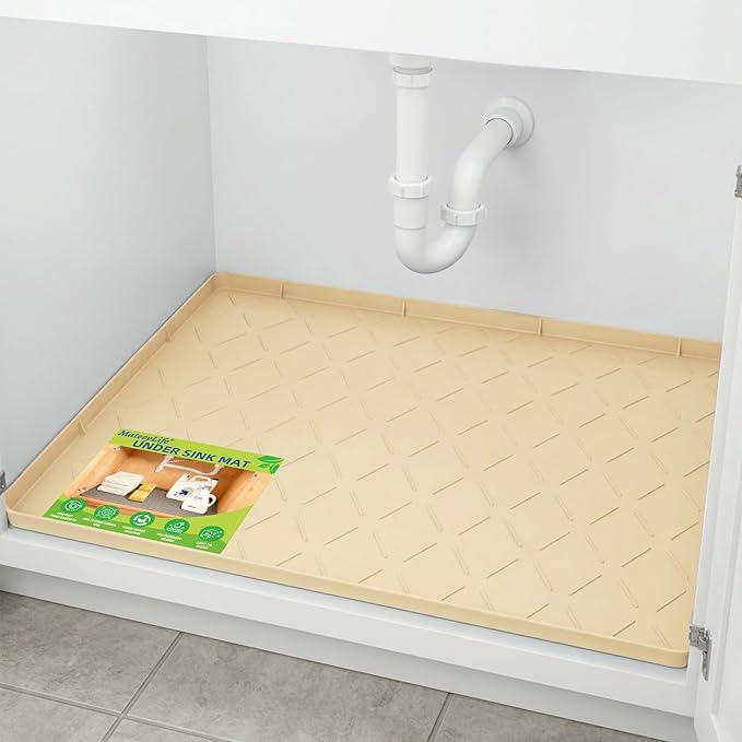 Mateeylife Under Sink Mats for Kitchen Waterproof 31"X22", Undersink Protectors，Silicone Mat Cabinet Liner, Under Sink Organizer for Bathroom and Kitchen，Boot Tray Pet Food Mat, Khaki