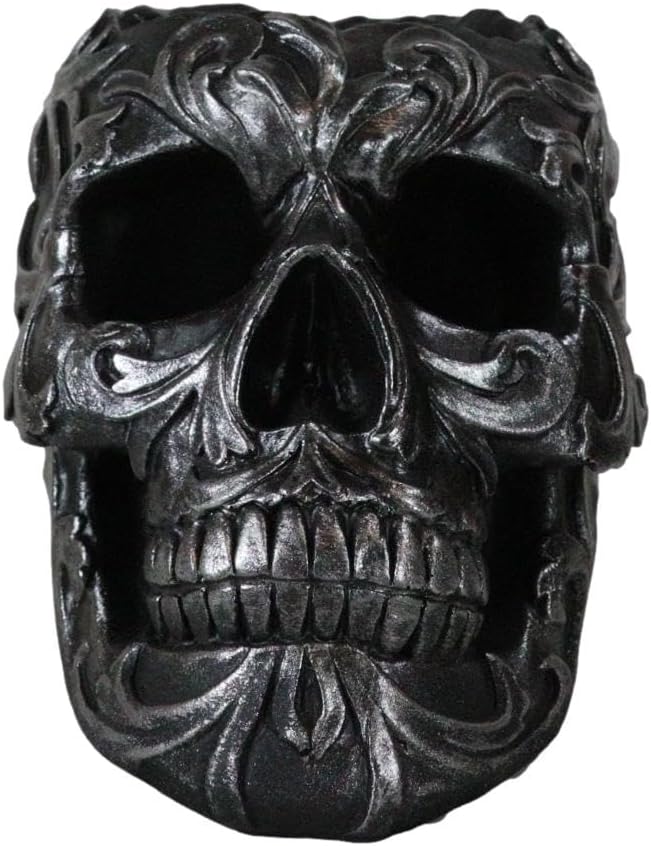 Ebros Gift Set Of 2 Tribal Tattoo Floral Skull Pen Holder Figurine 5.75" L Office Desktop Ossuary Skulls Decor Cranium Skeleton Head Stationery Holder As Halloween Macabre Graveyard Spooky Statue