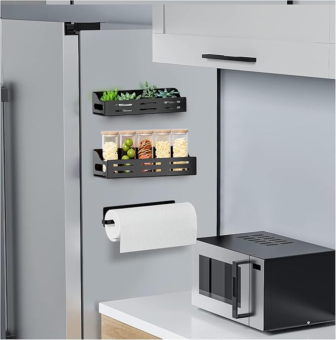 3 Pack Magnetic Spice Rack for Refrigerator with Paper Towel Holder, Magnetic Refrigerator Organizer, Strong Magnetic Fridge Shelf, Rustproof Side Fridge Storage Rack for Kitchen