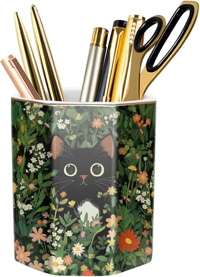Pen Holder, Pencil Cup for Desk, Cute Desk Organizer, Durable Ceramic Decorative Makeup Brush Desktop Accessories, Stylish Stationery for Office, Home, Cute Cat Pattern
