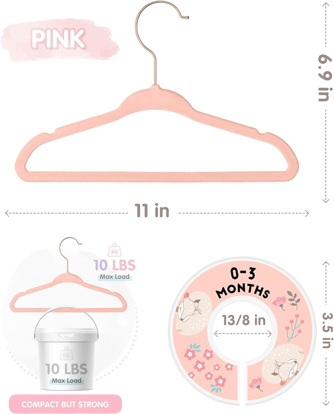 VIS'V Velvet Baby Hangers with 6 Pcs Size Dividers, 11 Inch, Pink, 50 Pcs | Compact Size, Non Slip, Infant Toddler Nursery Closet Organization