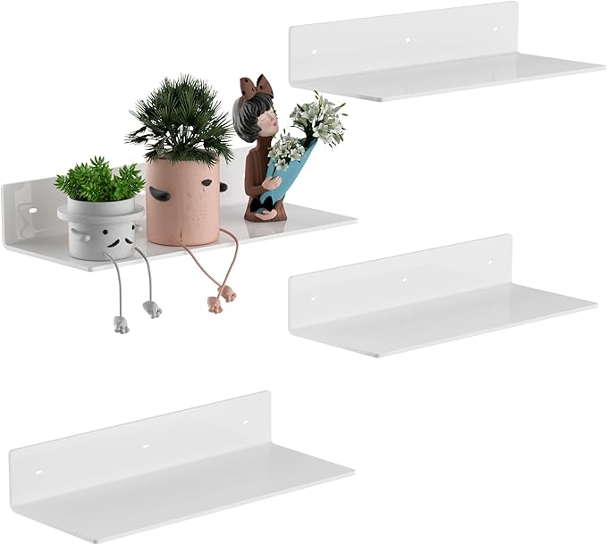 4 Pack White Acrylic Floating Shelves 15 Inches, Wall Hanging Bathroom Shelves, Wall Organizer Shelf for Kitchen, Living Room, Bathroom, Retail, Supermarket, 4 Pack