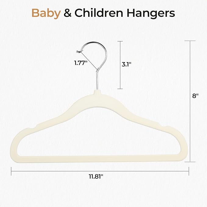 GoodtoU Kids Velvet Hangers, 50 Pack, 11.8 in Non-Slip Baby & Toddler Clothes Hangers, Baby Felt Hangers with Notches & 360° Swivel Hooks for Space-Saving, Beige