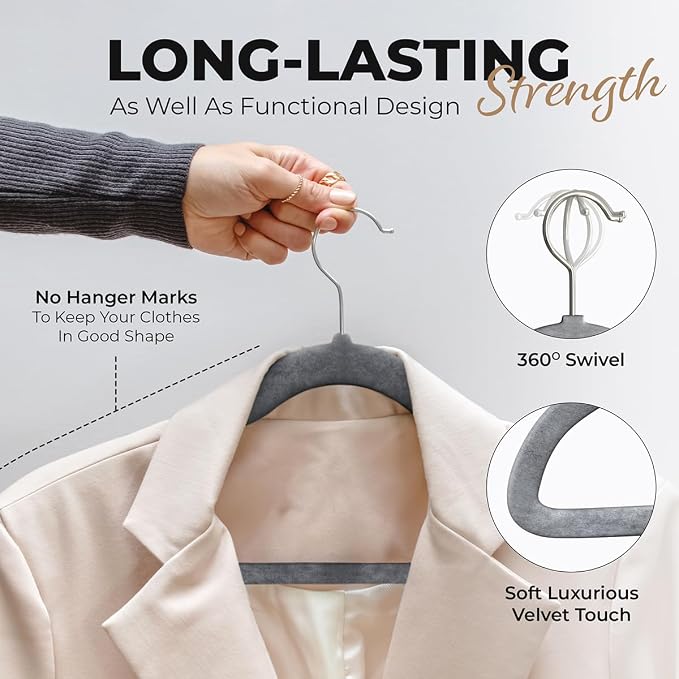 Our Modern Space 50 Pack Velvet Hanger for Shirt Pants Dresses Skirts Suits Jackets - Slim Space Saving Design - Standard Coat Hanger - Sturdy & Durable Design with Shoulder Grooves Hook