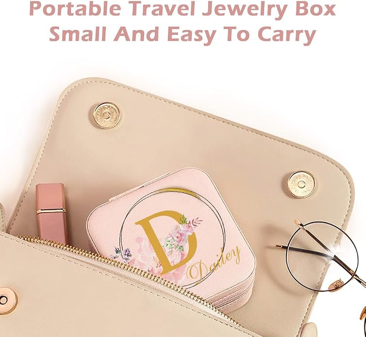 Bridesmaid Gifts Jewelry Box Personalized Small Jewelry Travel Case Custom PU Leather Portable Bridesmaid Proposal Boxes Mini Jewellery Organizer Storage Earrings Rings Necklaces for Women Girls-Pink