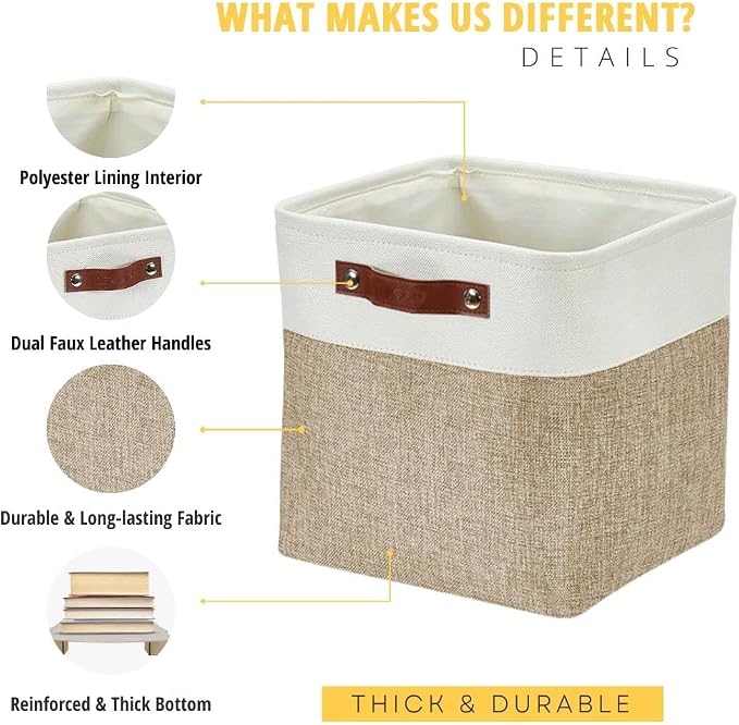 DECOMOMO Cube Storage Bin 12x12, Fabric Storage Bins, Kallax Storage Cubes (Beige & White, 4 Pack)