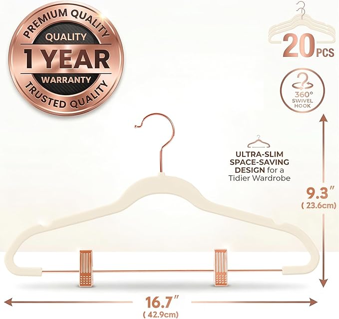 MIZGI Premium Velvet Pants Hangers with Clips (Pack of 20) - Slim Skirt Hangers - Non Slip Felt - Ivory - Copper/Rose Gold Hooks - Space Saving Shirt Clothes Hangers