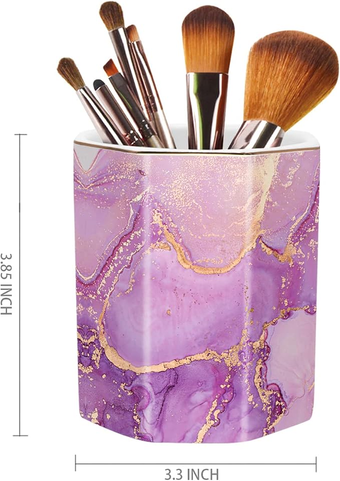 Large Capacity Colored Ceramic Marble Pencil Storage Marker Pen Holder Cute Stationery Holder For Office, Girl Women Adult, Purple Marble