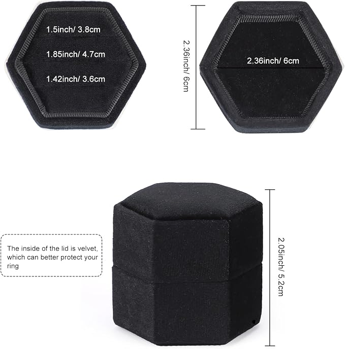 WantGor Velvet Jewelry Ring Box, 3 Slots Hexagon Ring Gift Box Ring Holder | Vintage Ring Display Case for Wedding Ceremony Proposal Engagement (Black, 3 Slots)