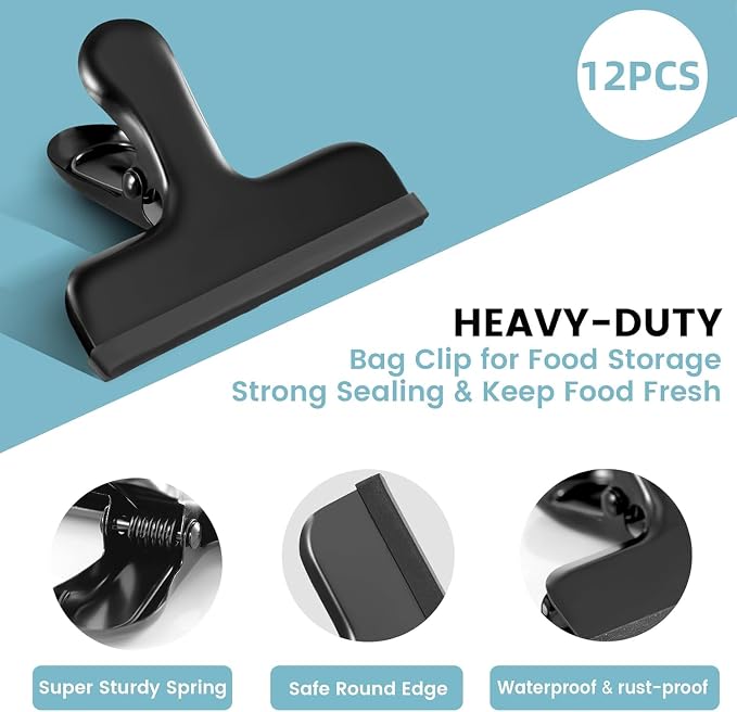 Chip Bag Clips, 9 Pack Heavy Duty Black Stainless Steel Food Sealer Clips with Silicone Cover, Strong Grip for Snacks, Food Storage, Kitchen & Pantry Organization (3 Large +6 Small)