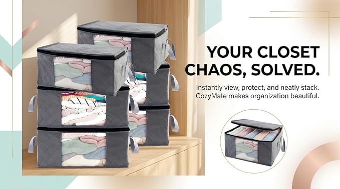 Storage Clothes Bins Closet Bags - 35L Containers Organizer Boxes Clothing Bin Organization for Organizing Blanket Pillow Sheet Sweater, Foldable Bedroom Small Storage Totes With Lids Zipper, 6pc Pack