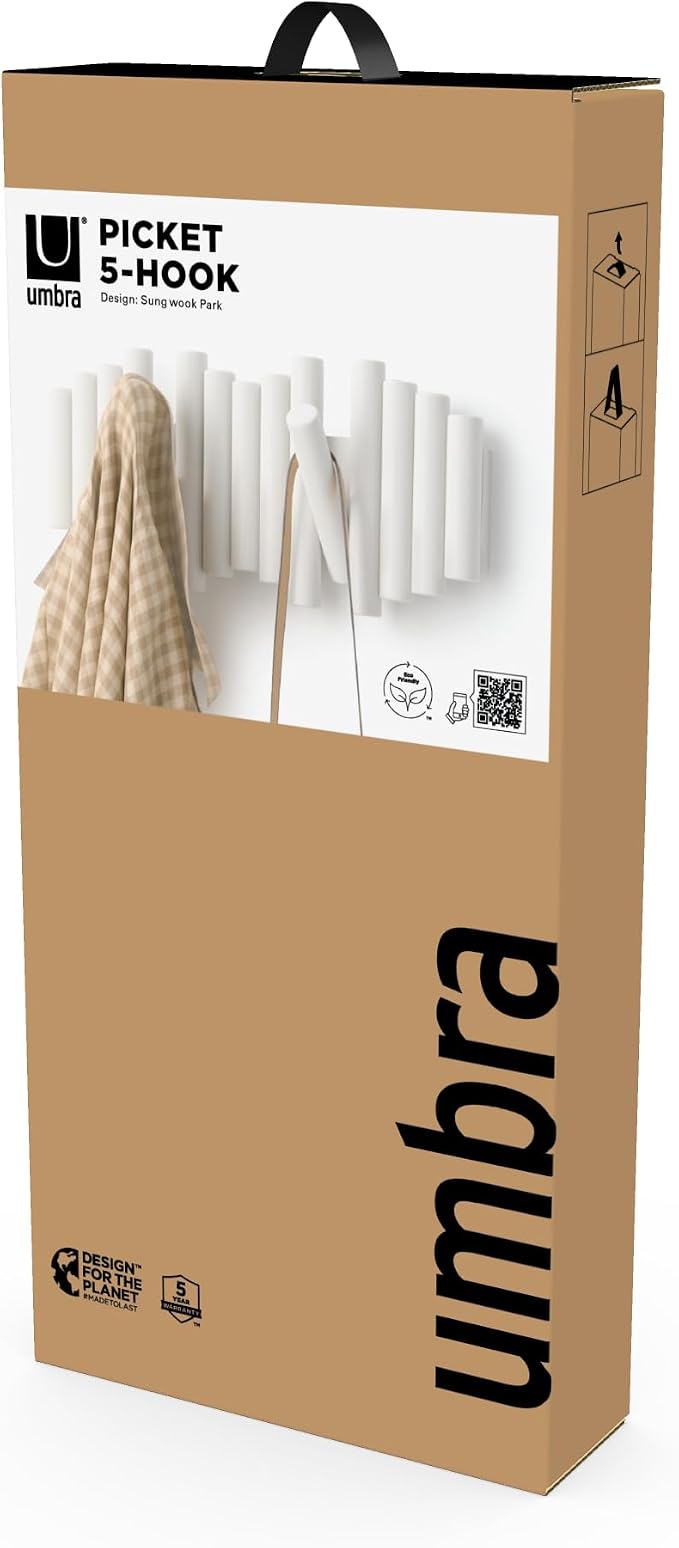 Umbra Picket Wall-Mounted Coat Rack Rail Hook with 5 Retractable Wood Pegs – Modern, Space-Saving Storage Organizer, White