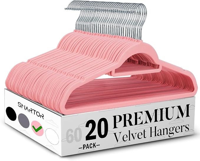 Smartor Pink Velvet Hangers 20 Pack, Space Saving Clothes Hanger with Tie Bar, Non-Slip Felt Hangers with Shoulder Notches, Heavy Duty Suit Hanger for Coat, Shirt, Pants, Dress | Non-slip Felt, Shoulder Notches and 360° Hooks Keep Suits, Dresses and Pa...
