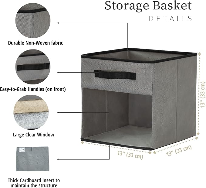 DECOMOMO Storage Bins, Cube Storage Bin with Window | 13" Cube, 6 Pack, Fabric Storage Cubes for Shelves (Grey)