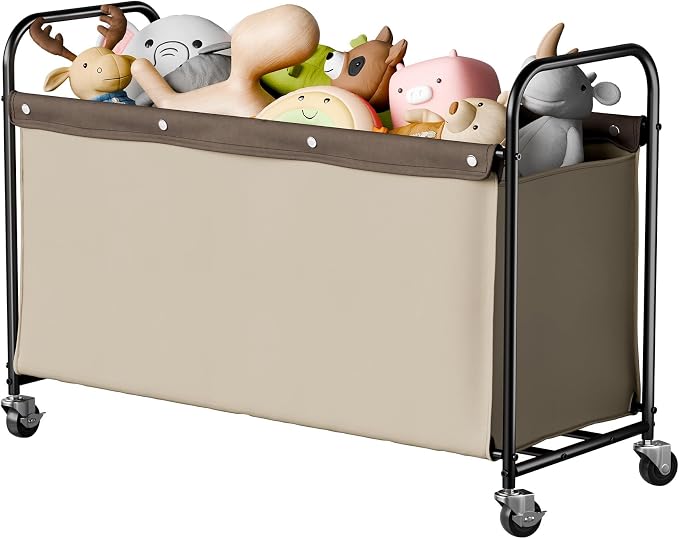 StorageWorks Toy Box with Wheels for Kids, 135L Large Toy Storage Chest and Organizer, 23" Metal Toybox with 360° Swivel Wheels for Bedroom, Kids Room, Stuffed Animal Storage, Light Khaki