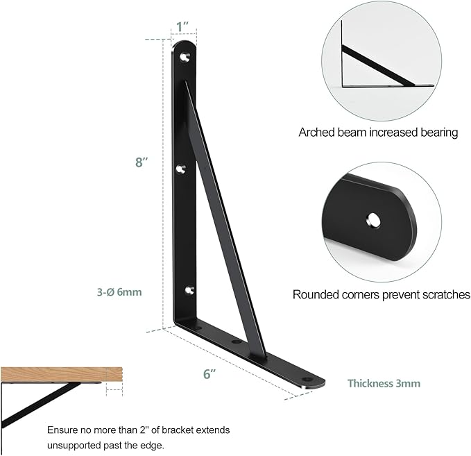 16 Pack L8 x H 6" Black Heavy Duty Shelf Brackets with Screws Metal Shelf Brackets Shelf Support Angle Brackets for Shelves L Brackets Heavy Duty Floating Shelf
