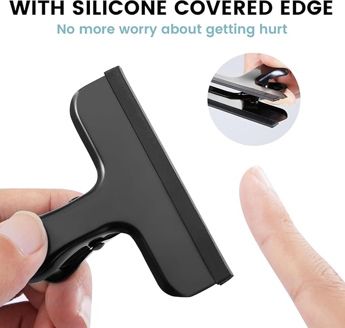 Chip Bag Clips, 9 Pack Heavy Duty Black Stainless Steel Food Sealer Clips with Silicone Cover, Strong Grip for Snacks, Food Storage, Kitchen & Pantry Organization (3 Large +6 Small)