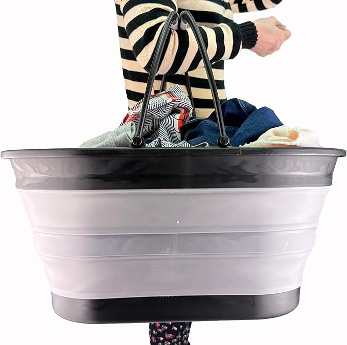 SAMMART 38L (10 Gallons) Collapsible Plastic Laundry Basket - Foldable Storage Container/Organizer - Portable Washing Tub - Space Saving Laundry Hamper (Alloy Grey + Crystal Blue (Set of 2))
