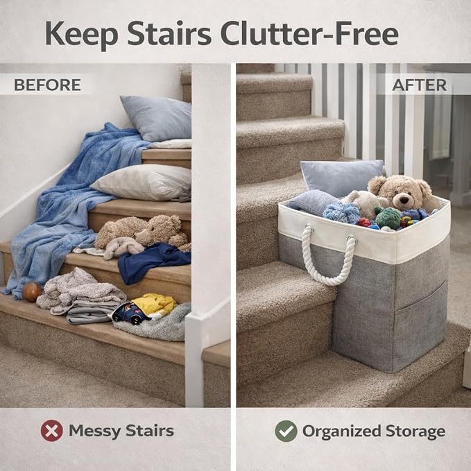 Stair basket,Foldable staircase baskets,Step stairs storage baskets with handle,2pcs