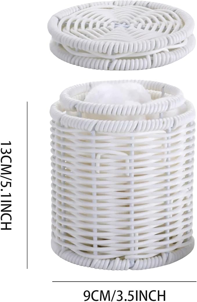 Rattan Jars,Decorative Storage Boxes with Lids, Bathroom Accessories,Rattan Desk Organizer,for Office,Dressing Table,Dental floss picks, cotton swab holders Home Decoration,White（DP056）