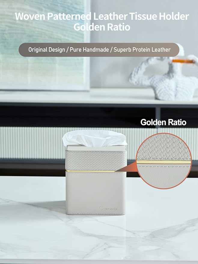 Tissue Box Holder Cover Square, Modern PU Leather Decorative Tissue Cube Holder Organizer - Woven Pattern Grey
