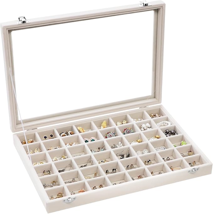 Stratalife Jewelry Organizer 48 Grid Jewelry Trays with Dust-proof Lid Velvet Earring Organizer Ring Holder Accessories Box Necklaces Earrings Storage for Women Drawers Cream