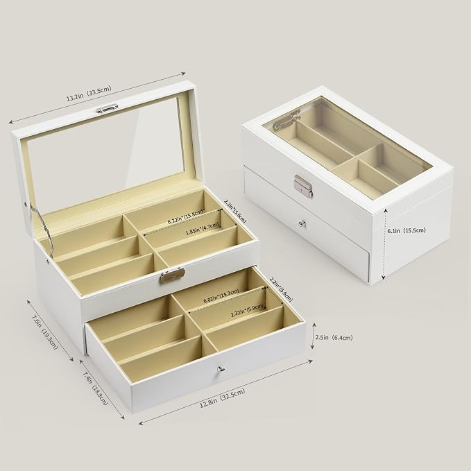 AUTOARK Leather 12 Piece Eyeglasses Storage Display Case,White,AW-053 | Sunglass Organizer,Drawer Lockable,Display Drawer
